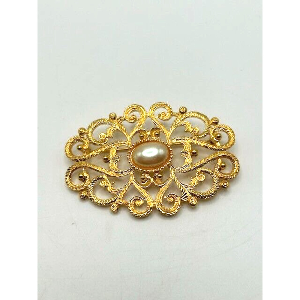 Vintage Scrolled Gold Tone Brooch with Faux‎ Pearl Oval Brooch Pin